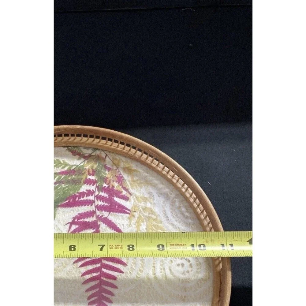 70's Round Bamboo Tray With Pressed Ferns & Butterfly Excellent Condition
